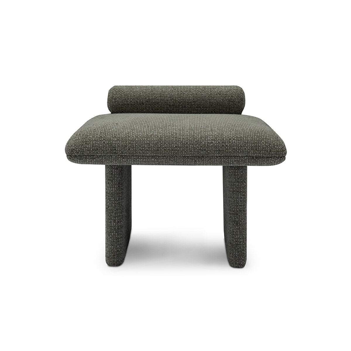 Maison Debrah Jaxel low stool in deep charcoal bouclé with cylindrical bolster and rounded legs