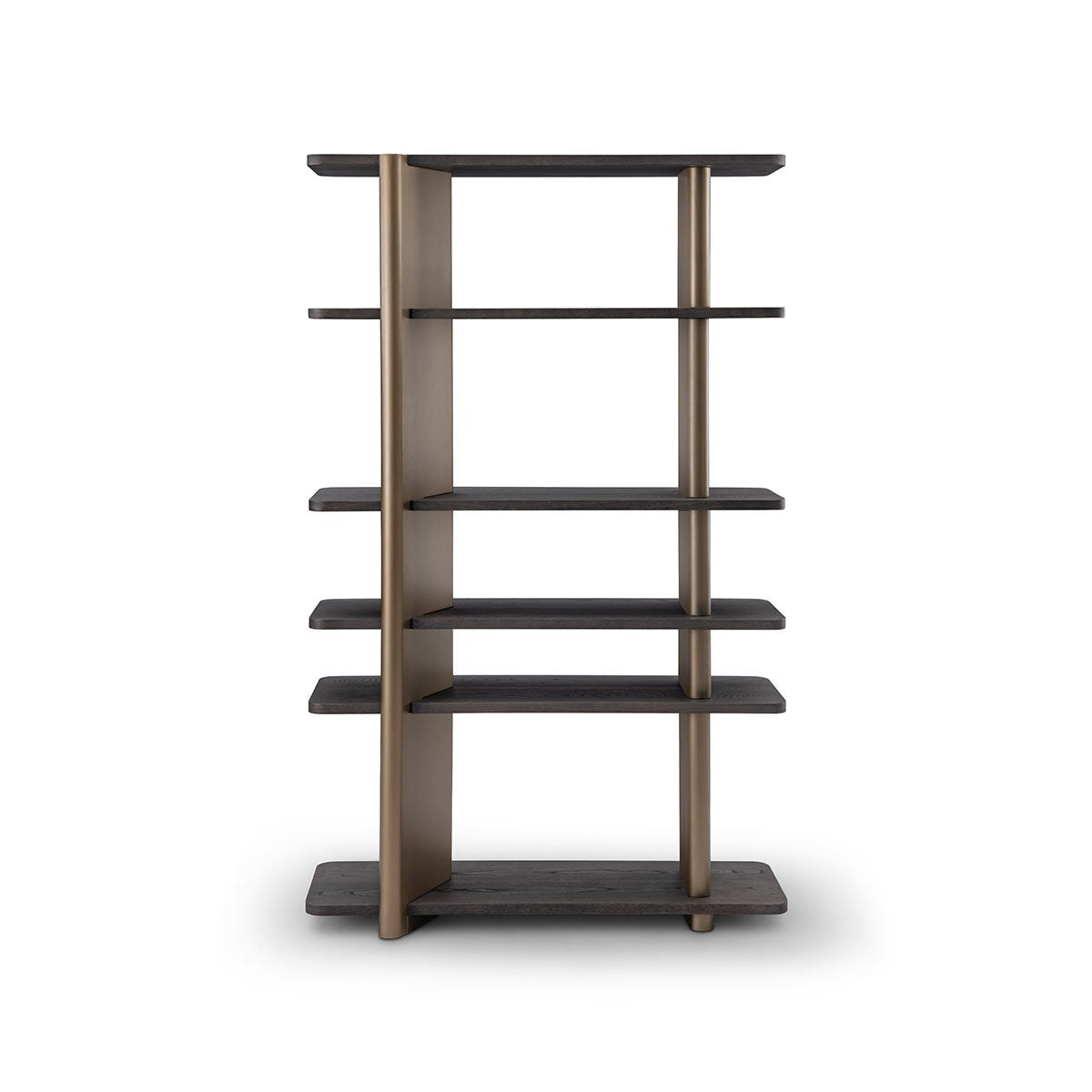 Maison Debrah Delvane open bookcase with dark grey elm shelves on two upright brass columns
