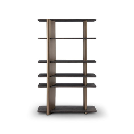 Maison Debrah Delvane open bookcase with dark grey elm shelves on two upright brass columns