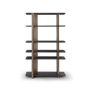 Maison Debrah Olyss tall dark grey elm veneer shelving unit with central brass column