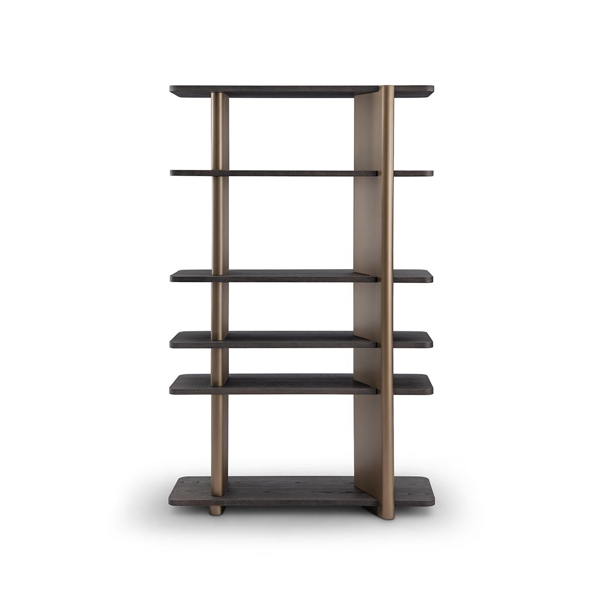 Maison Debrah Delvane open bookcase with dark grey elm shelves on two upright brass columns — view 2