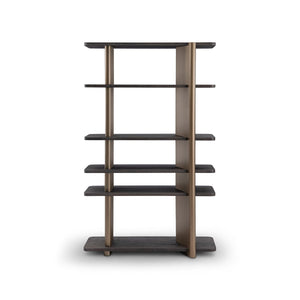 Maison Debrah Delvane open bookcase with dark grey elm shelves on two upright brass columns — view 2
