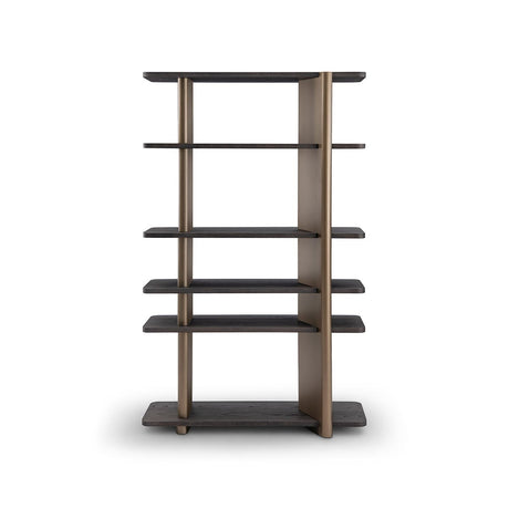 Maison Debrah Delvane open bookcase with dark grey elm shelves on two upright brass columns — view 2