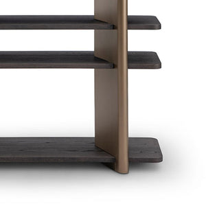 Maison Debrah Delvane open bookcase with dark grey elm shelves on two upright brass columns — view 4