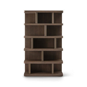 Maison Debrah Colven five-shelf bookcase in light grey elm with three full-height brass dividers
