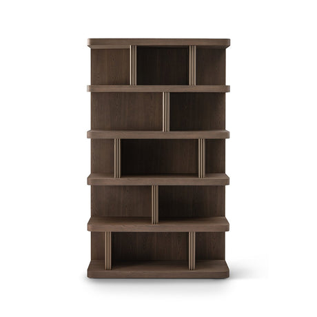 Maison Debrah Colven five-shelf bookcase in light grey elm with three full-height brass dividers