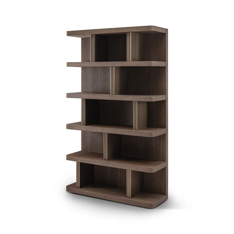 Maison Debrah Colven five-shelf bookcase in light grey elm with three full-height brass dividers — view 2