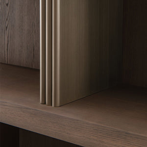 Maison Debrah Colven five-shelf bookcase in light grey elm with three full-height brass dividers — view 3
