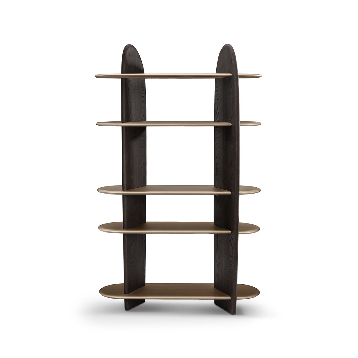Maison Debrah Vaulne bookshelf with dark grey elm arched columns and five floating brass oval shelves