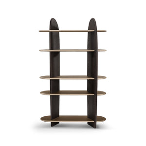 Maison Debrah Vaulne bookshelf with dark grey elm arched columns and five floating brass oval shelves