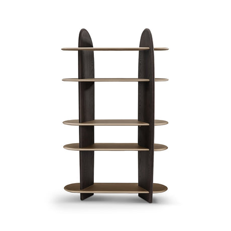 Maison Debrah Vaulne bookshelf with dark grey elm arched columns and five floating brass oval shelves