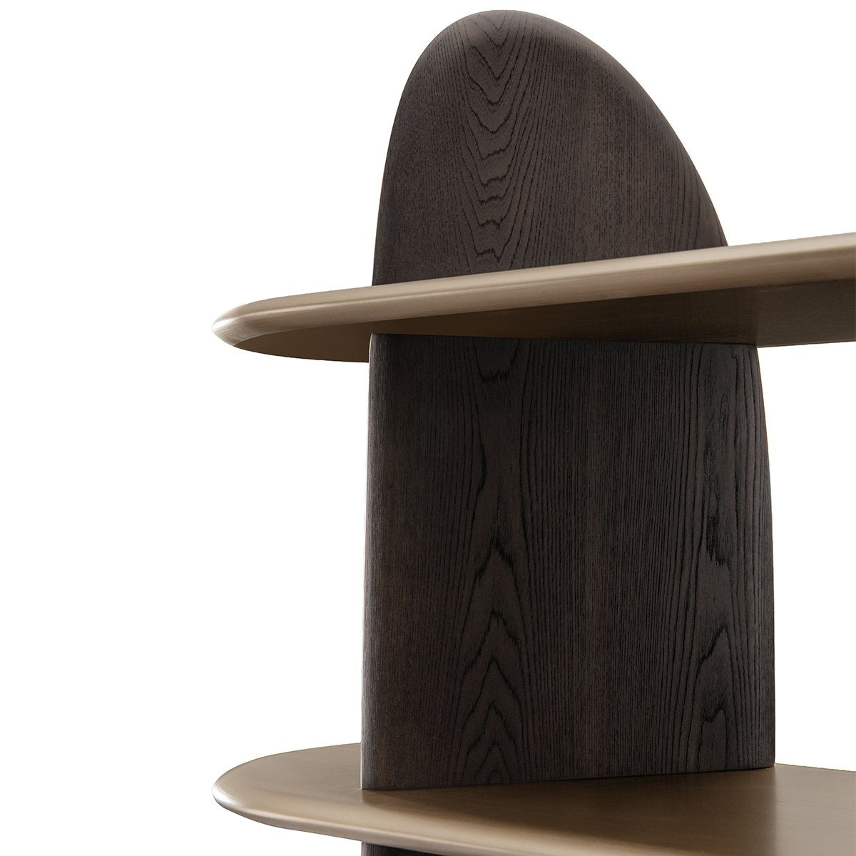 Maison Debrah Vaulne bookshelf with dark grey elm arched columns and five floating brass oval shelves — view 4