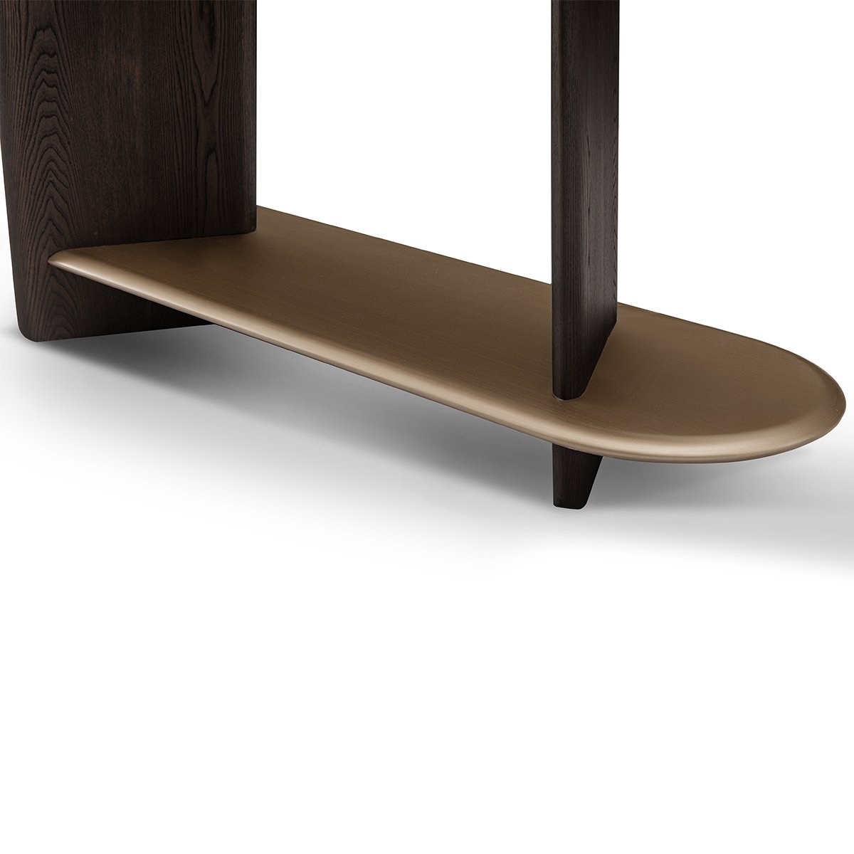 Maison Debrah Vaulne bookshelf with dark grey elm arched columns and five floating brass oval shelves — view 3