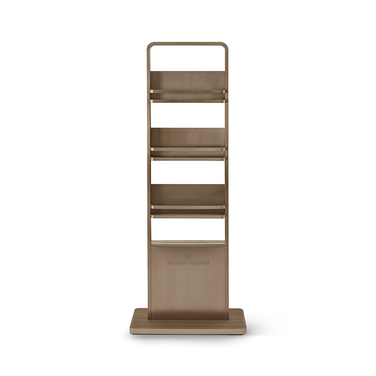 Maison Debrah Gradven tall open shelving unit with brushed bronze steel frame and four shelves