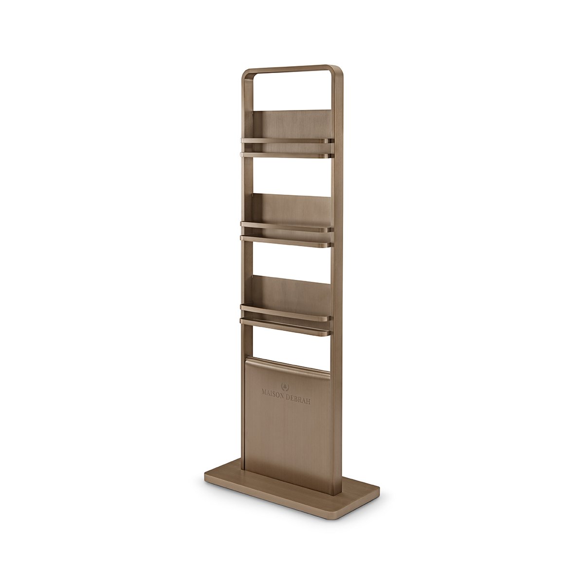 Maison Debrah Gradven tall open shelving unit with brushed bronze steel frame and four shelves — view 2