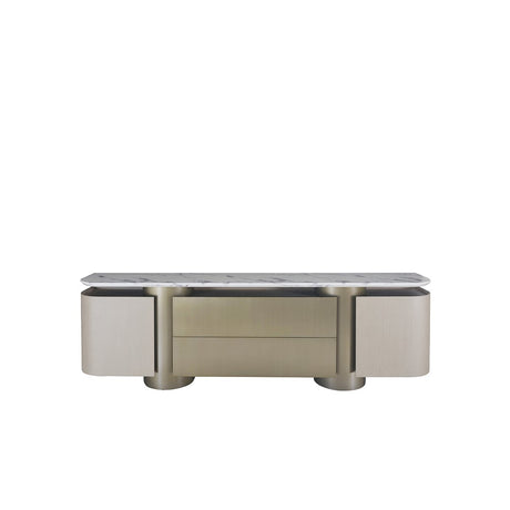 Maison Debrah Torlen wide grey oak sideboard with brushed bronze drawer panel and round bases