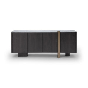 Maison Debrah Sorik white marble sideboard in dark grey elm with an asymmetric brass leg
