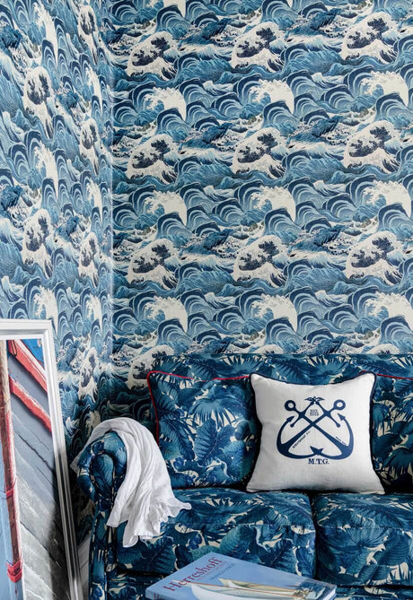 Sea Waves wallpaper in Blue by Natty & Polly, styled in an interior