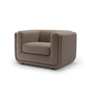 Maison Debrah Javrel armchair in warm mocha fabric with flat arms and gold steel base