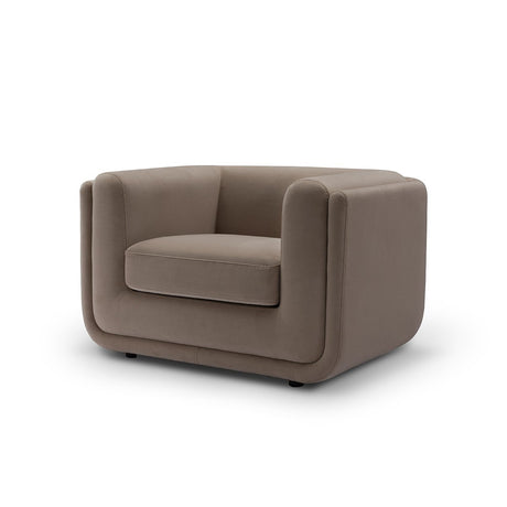 Maison Debrah Javrel armchair in warm mocha fabric with flat arms and gold steel base