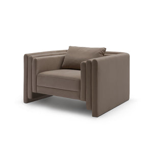 Maison Debrah Karsin armchair in warm taupe fabric with panelled arms and gold steel base
