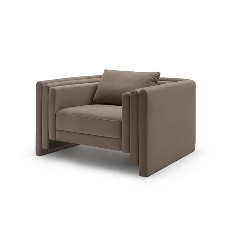 Maison Debrah Karsin armchair in warm taupe fabric with panelled arms and gold steel base