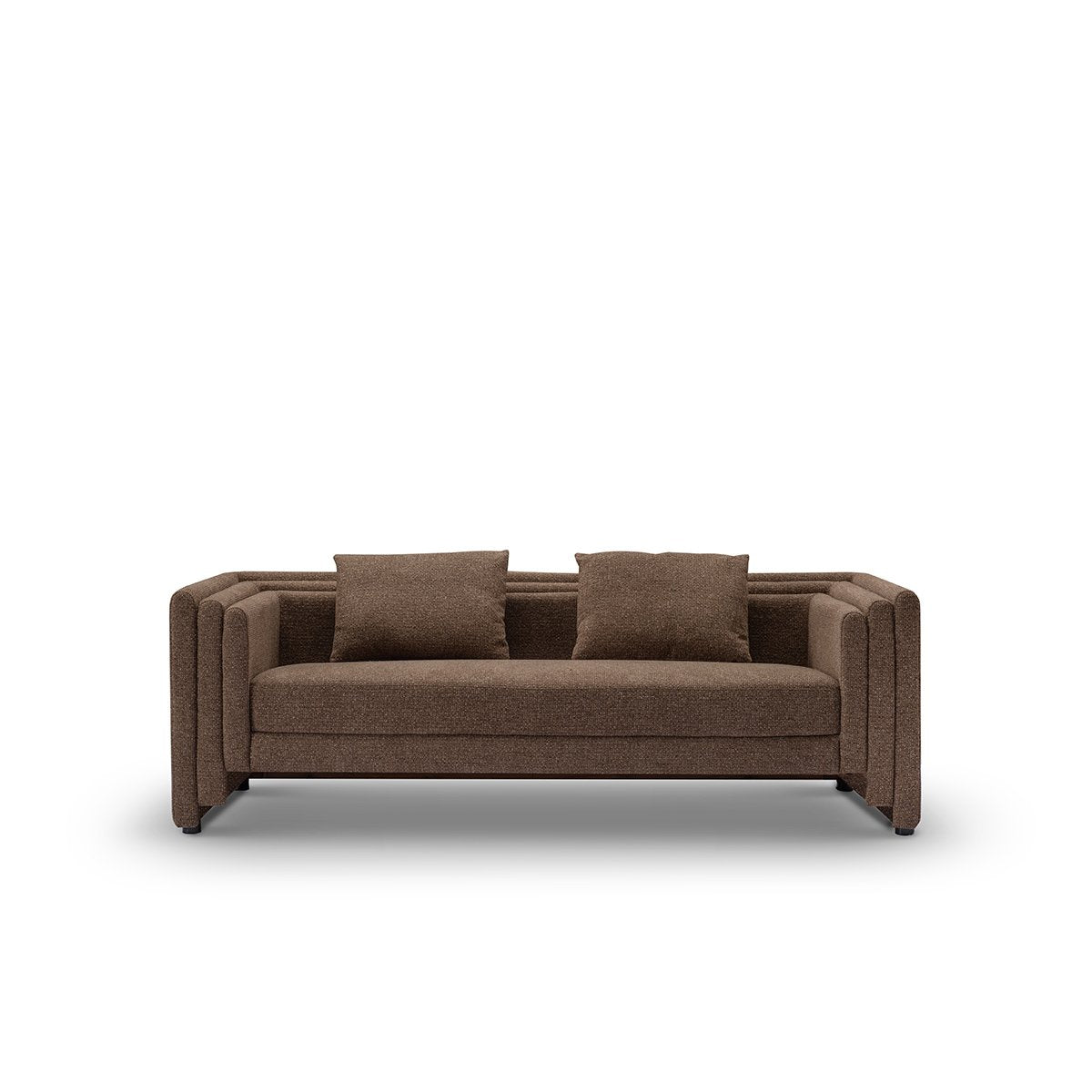 Maison Debrah Lestor lounge armchair in dark bouclé with tall panelled arms and gold steel base