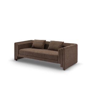 Maison Debrah Lestor lounge armchair in dark bouclé with tall panelled arms and gold steel base — view 2