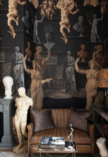 Statuary Chamber wallpaper in Black and Taupe by Natty & Polly, styled in an interior