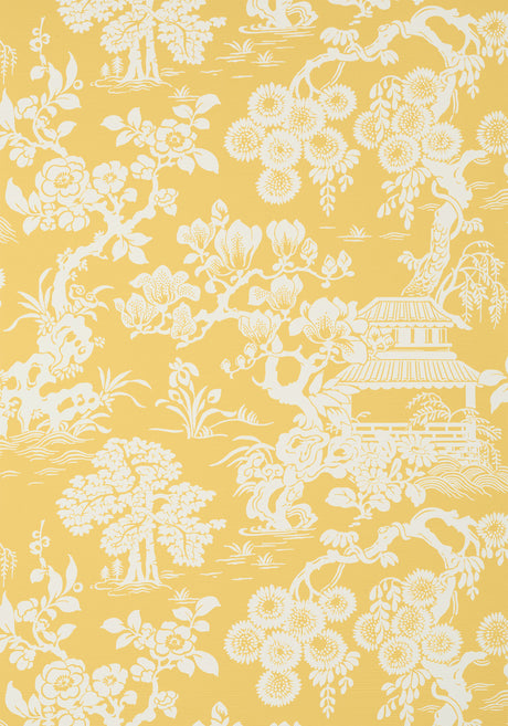 Japanese Garden wallpaper in Yellow by Natty & Polly, close-up of the pattern and texture