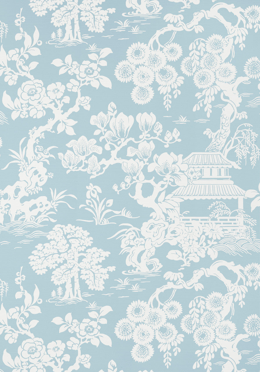 Japanese Garden wallpaper in Spa Blue by Natty & Polly, close-up of the pattern and texture