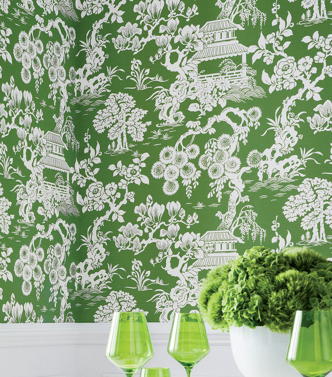 Japanese Garden wallpaper in Emerald by Natty & Polly, full pattern view