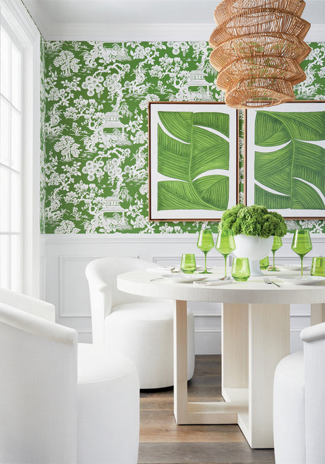 Japanese Garden wallpaper in Emerald by Natty & Polly, styled in an interior