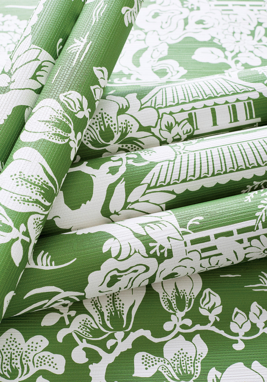 Japanese Garden wallpaper in Emerald by Natty & Polly, styled in an interior