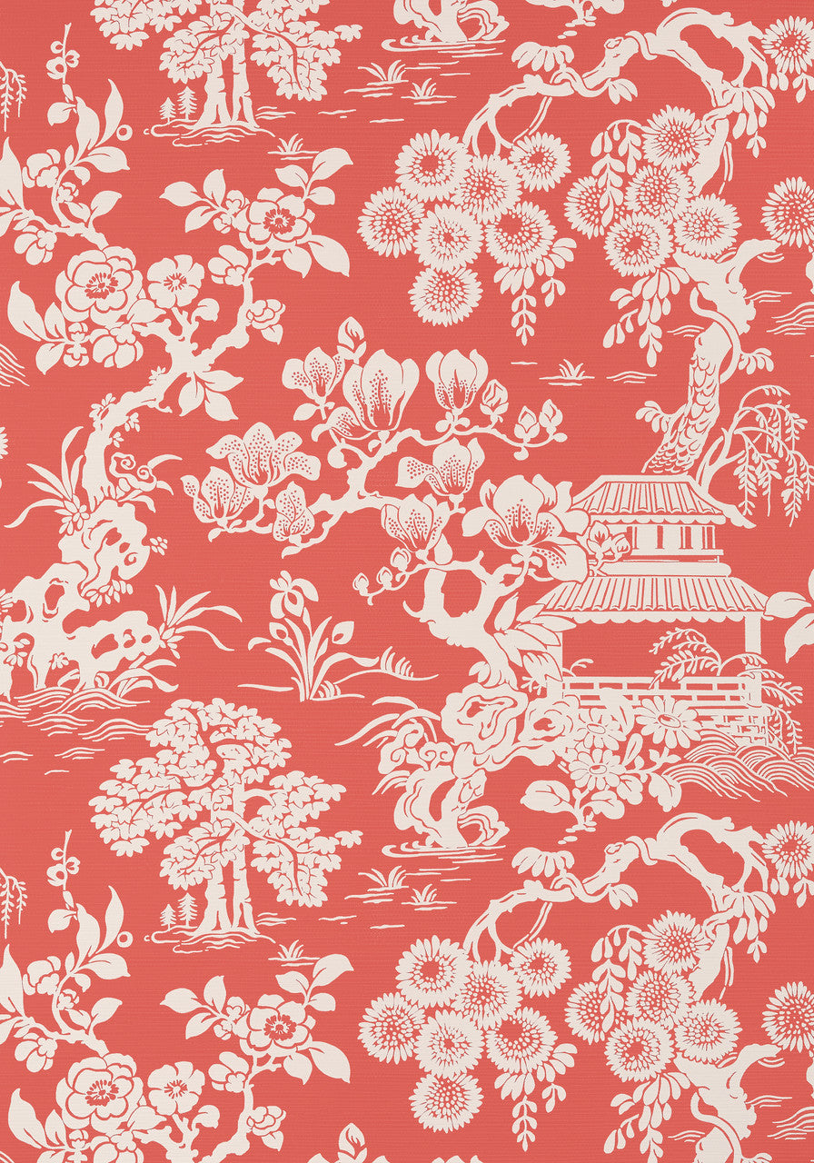 Japanese Garden wallpaper in Coral by Natty & Polly, close-up of the pattern and texture