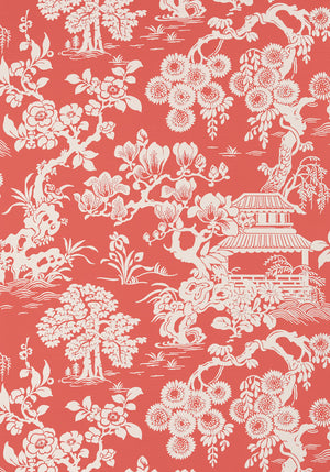Japanese Garden wallpaper in Coral by Natty & Polly, close-up of the pattern and texture