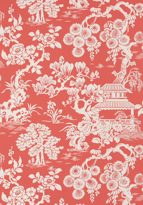 Japanese Garden wallpaper in Coral by Natty & Polly, close-up of the pattern and texture