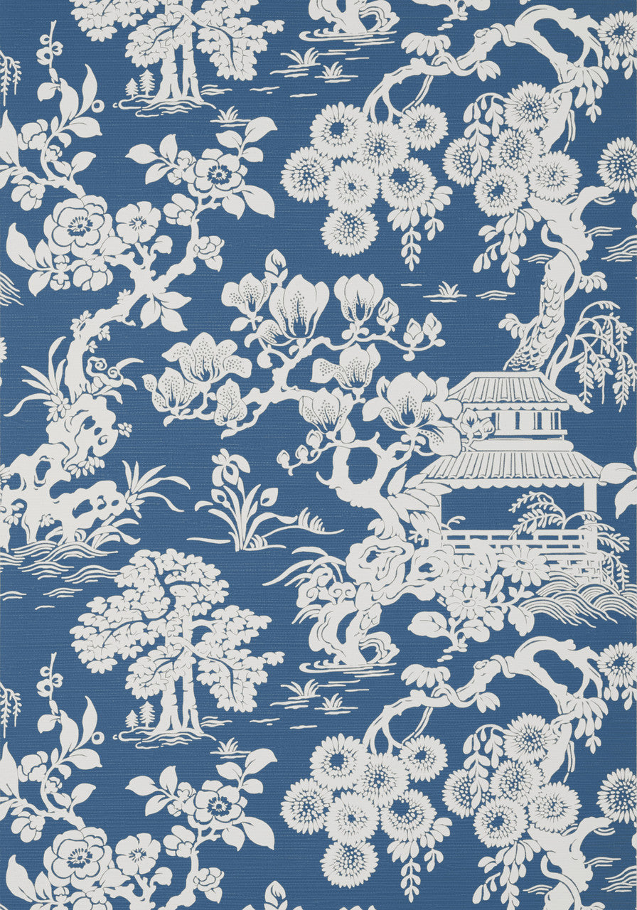 Japanese Garden wallpaper in Wedgewood by Natty & Polly, close-up of the pattern and texture