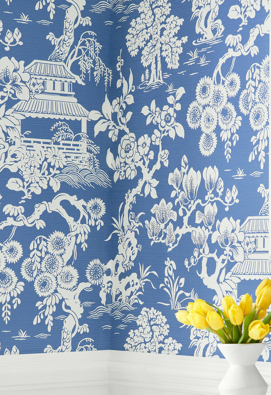 Japanese Garden wallpaper in Wedgewood by Natty & Polly, styled in an interior