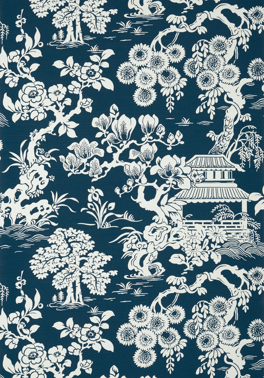 Japanese Garden wallpaper in Navy by Natty & Polly, close-up of the pattern and texture