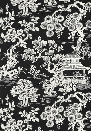 Japanese Garden wallpaper in Black by Natty & Polly, close-up of the pattern and texture