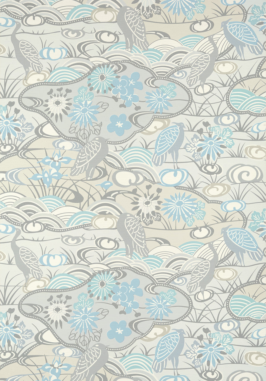 Heron Stream wallpaper in Soft Blue by Natty & Polly, close-up of the pattern and texture
