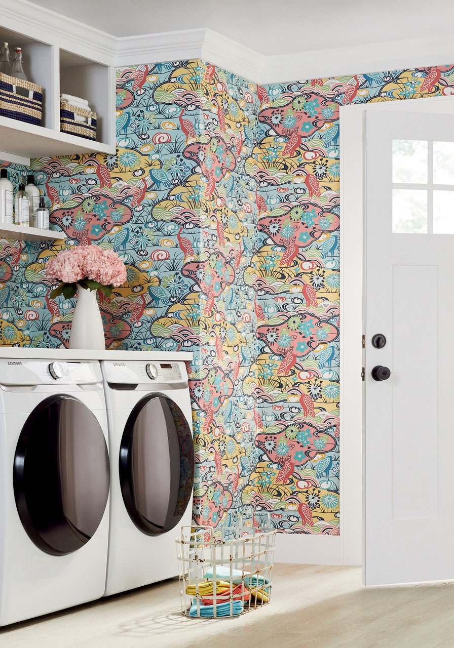 Heron Stream wallpaper in Coral / Aqua by Natty & Polly, full pattern view