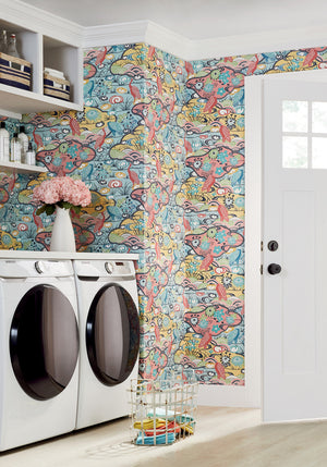 Heron Stream wallpaper in Coral / Aqua by Natty & Polly, full pattern view