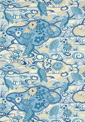 Heron Stream wallpaper in Blue by Natty & Polly, close-up of the pattern and texture