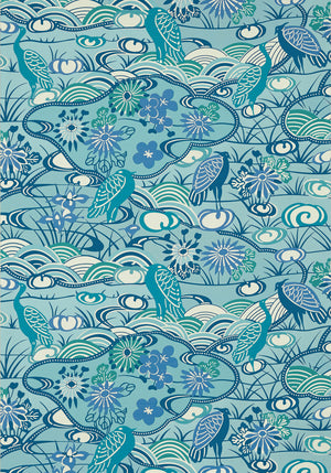 Heron Stream wallpaper in Turquoise by Natty & Polly, close-up of the pattern and texture