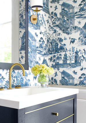 Grand Palace wallpaper in Blue / White by Natty & Polly, full pattern view