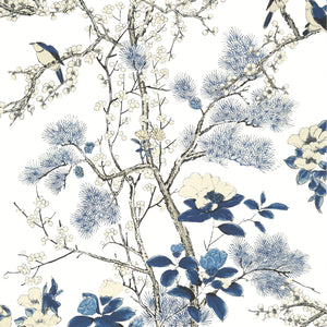Katsura wallpaper in Blue / White by Natty & Polly, full pattern view