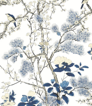Katsura wallpaper in Blue / White by Natty & Polly, full pattern view