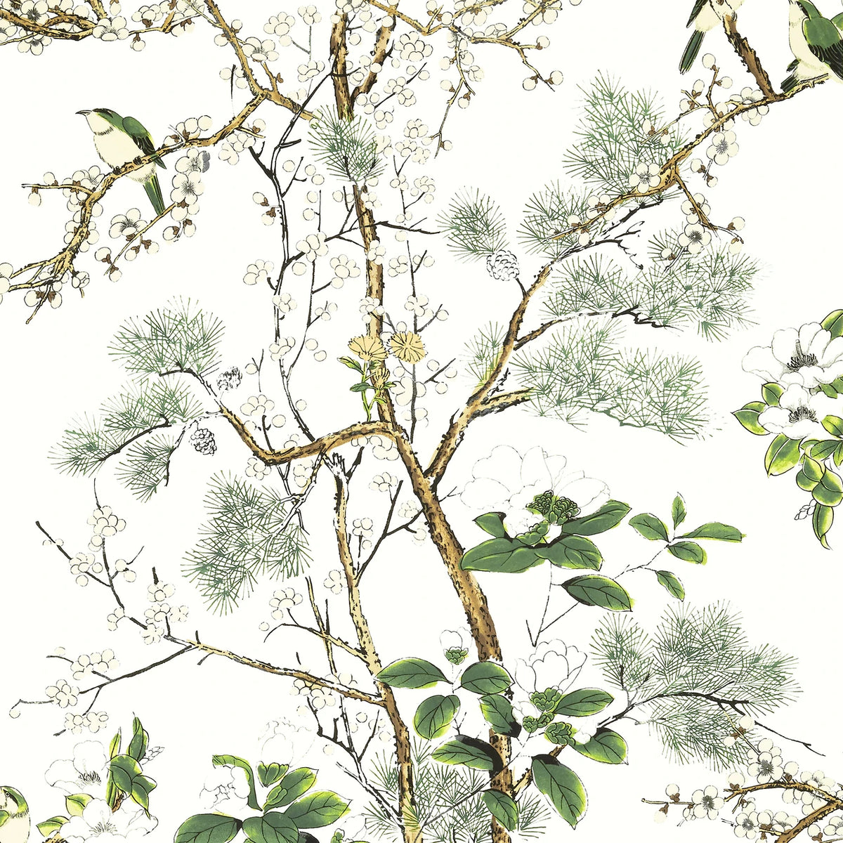 Katsura wallpaper in Green / White by Natty & Polly, full pattern view